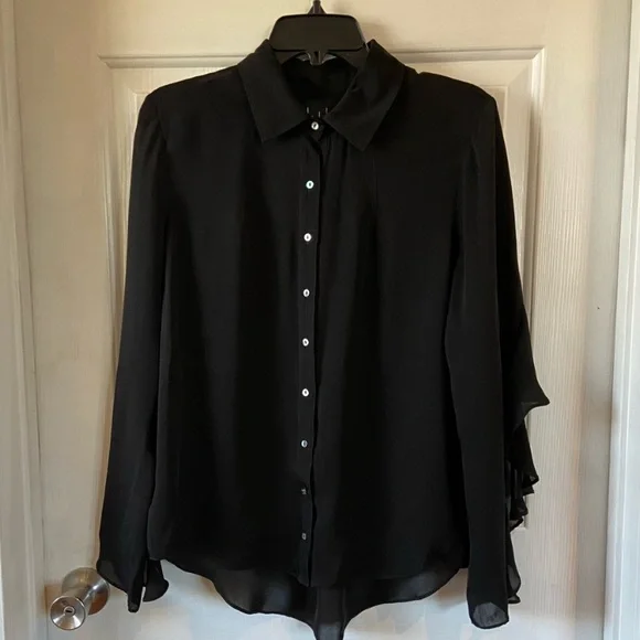 Nicole Miller Collection Silk Blouse Black Sheer Ruffles Small Whimsigoth Witchy - Picture 1 of 7